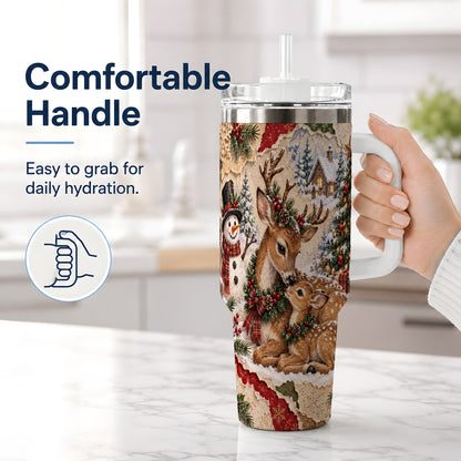 #pl[40oz|White] Christmas Deer 40oz Tumbler, Snowman Snowy Woodland Holiday Artwork