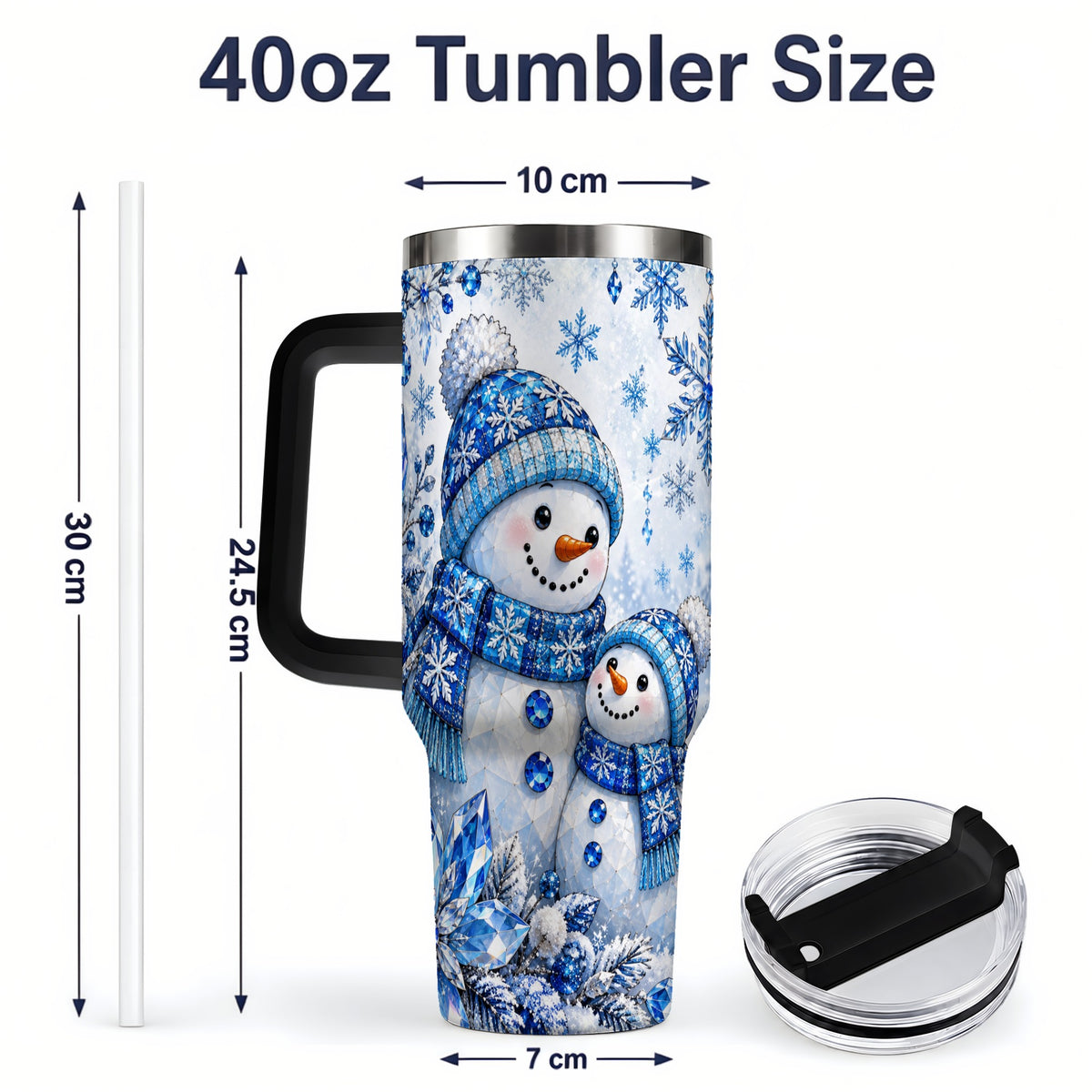 #pl[40oz|Black] Blue Snowman 40oz Tumbler, Crystal Snowflake Winter Scene Artwork