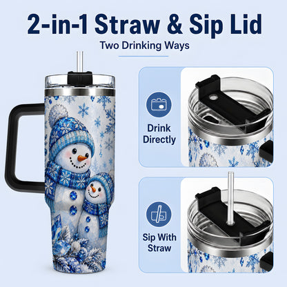 #pl[40oz|Black] Blue Snowman 40oz Tumbler, Crystal Snowflake Winter Scene Artwork