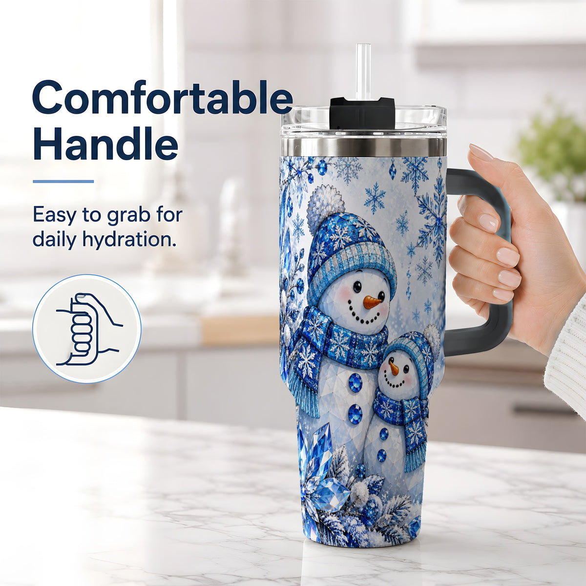 #pl[40oz|Black] Blue Snowman 40oz Tumbler, Crystal Snowflake Winter Scene Artwork