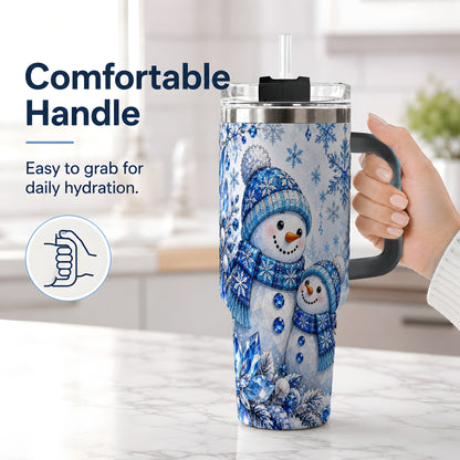 #pl[40oz|Black] Blue Snowman 40oz Tumbler, Crystal Snowflake Winter Scene Artwork