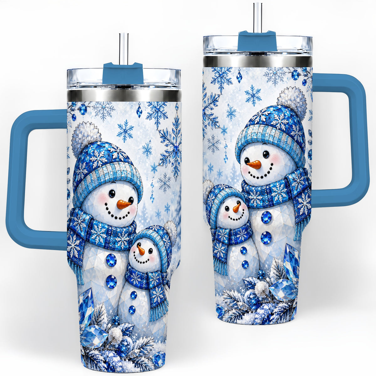 #pl[40oz|Blue] Blue Snowman 40oz Tumbler, Crystal Snowflake Winter Scene Artwork