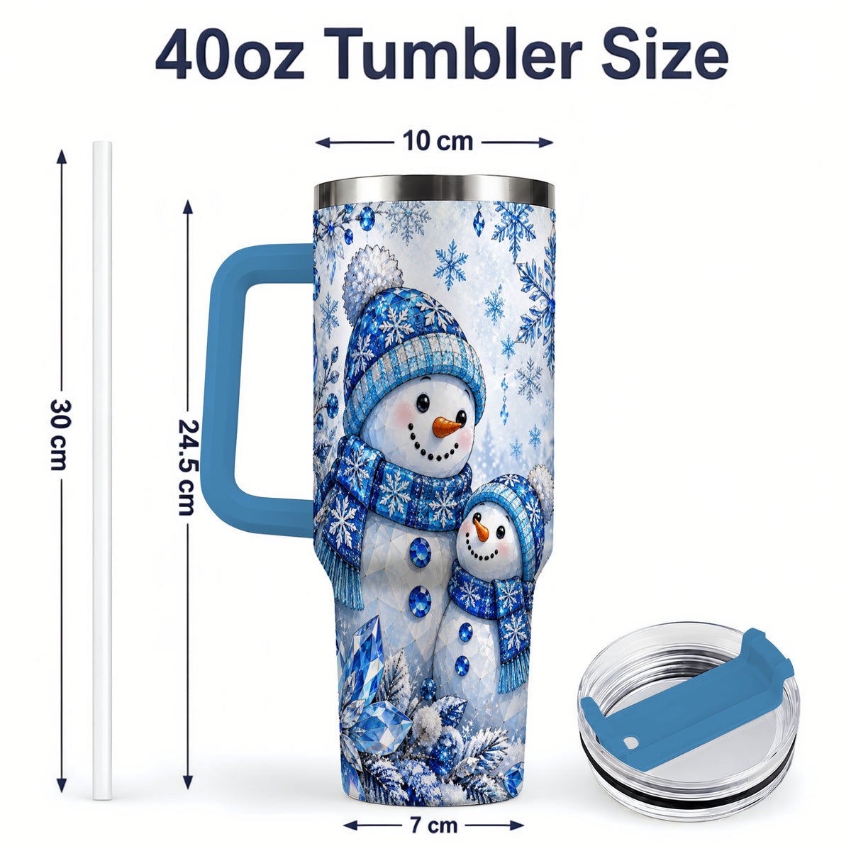 #pl[40oz|Blue] Blue Snowman 40oz Tumbler, Crystal Snowflake Winter Scene Artwork
