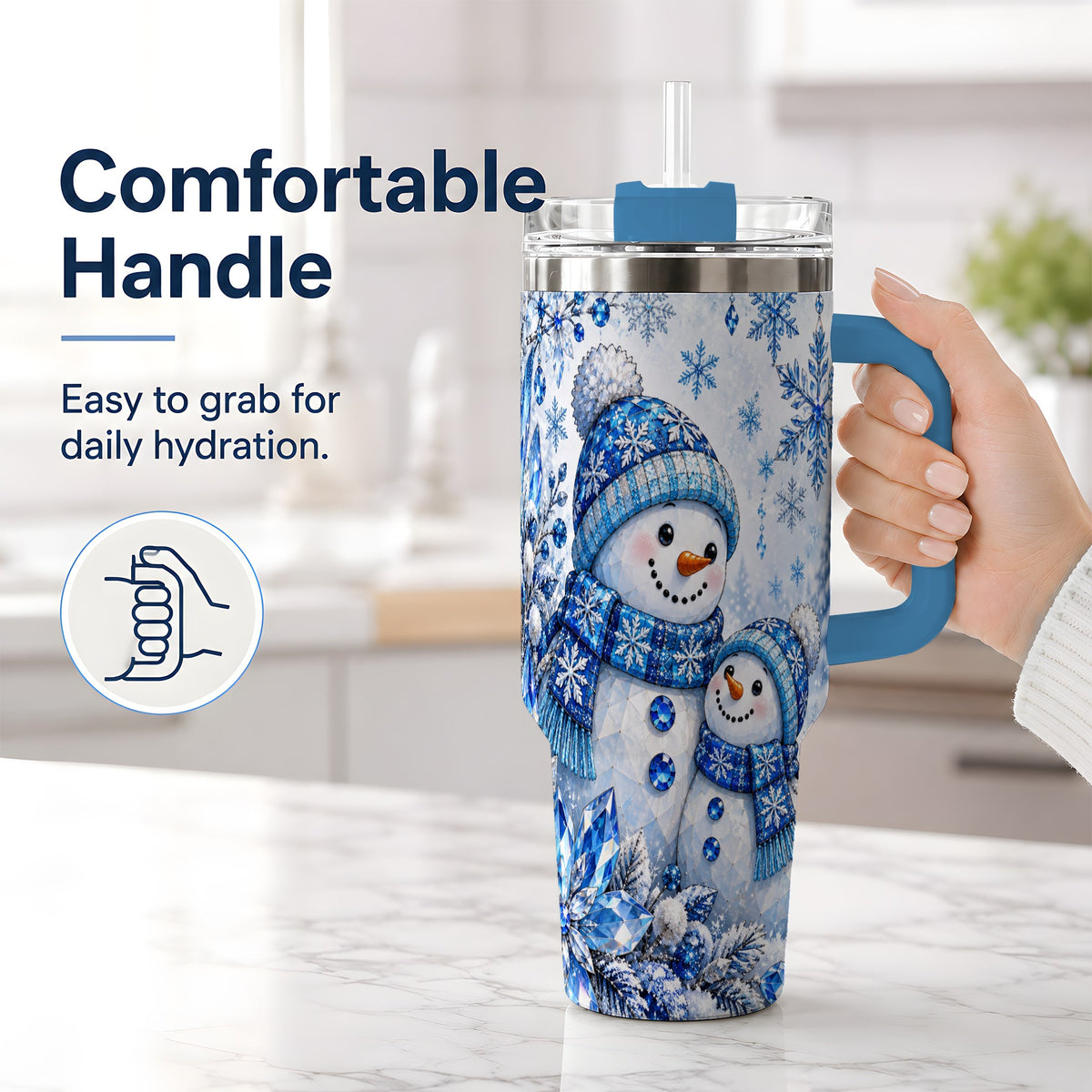 #pl[40oz|Blue] Blue Snowman 40oz Tumbler, Crystal Snowflake Winter Scene Artwork