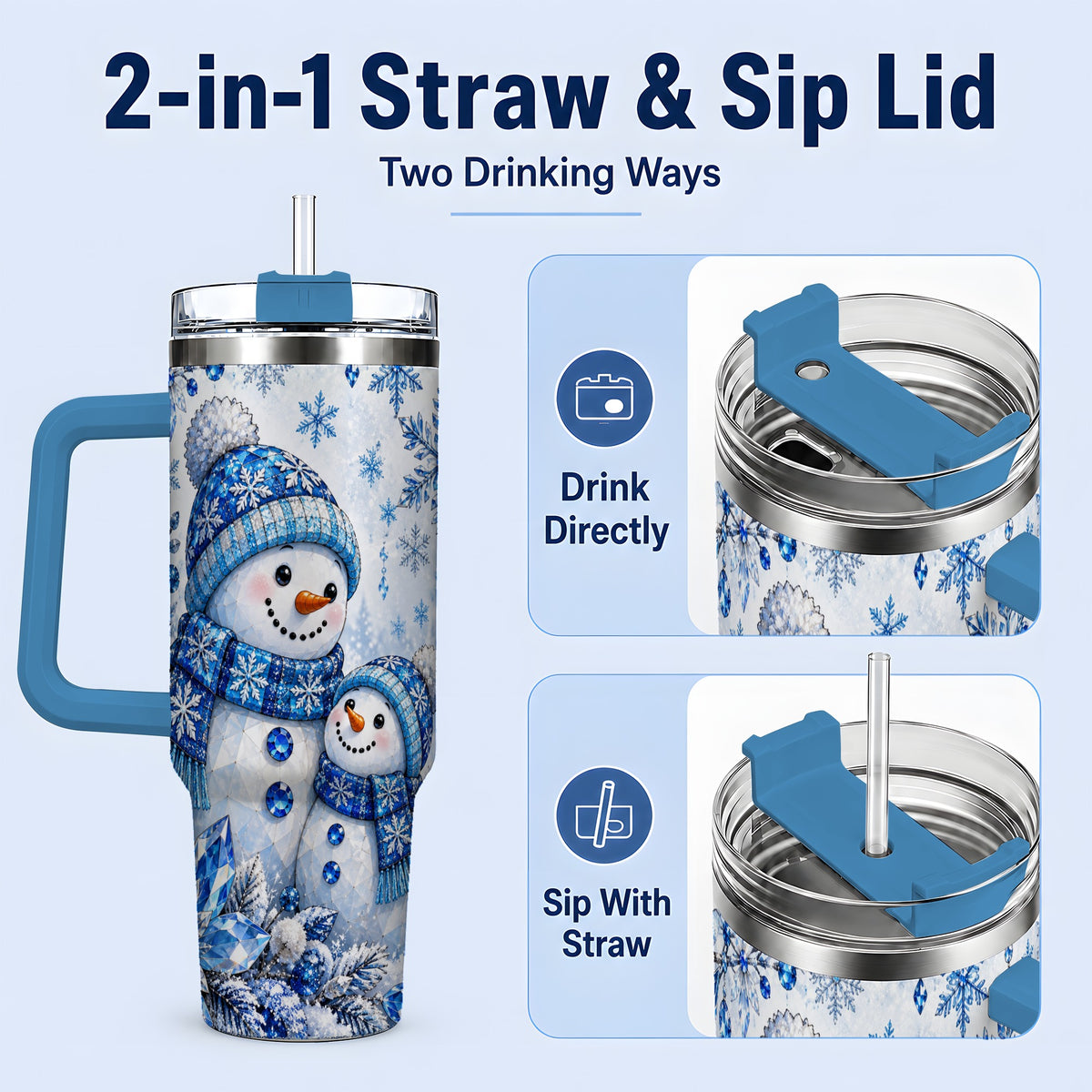 #pl[40oz|Blue] Blue Snowman 40oz Tumbler, Crystal Snowflake Winter Scene Artwork