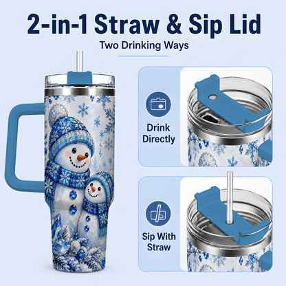 #pl[40oz|Blue] Blue Snowman 40oz Tumbler, Crystal Snowflake Winter Scene Artwork