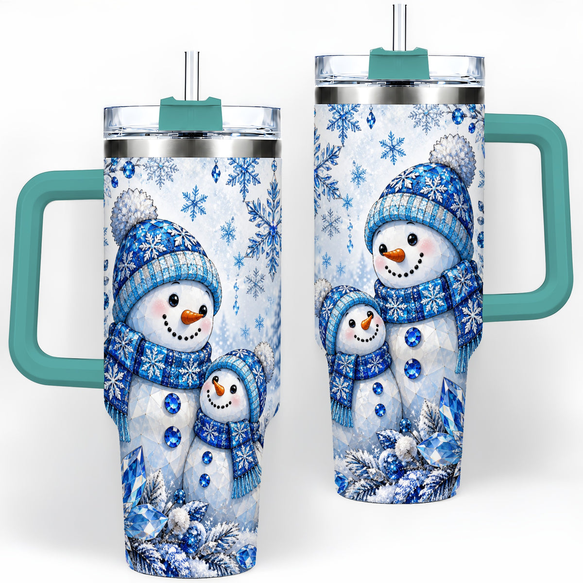 #pl[40oz|Green] Blue Snowman 40oz Tumbler, Crystal Snowflake Winter Scene Artwork
