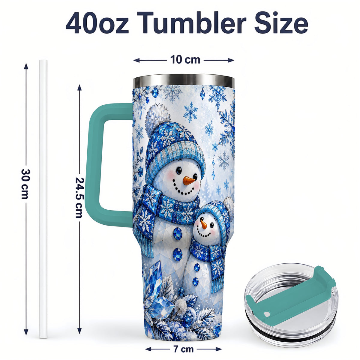 #pl[40oz|Green] Blue Snowman 40oz Tumbler, Crystal Snowflake Winter Scene Artwork