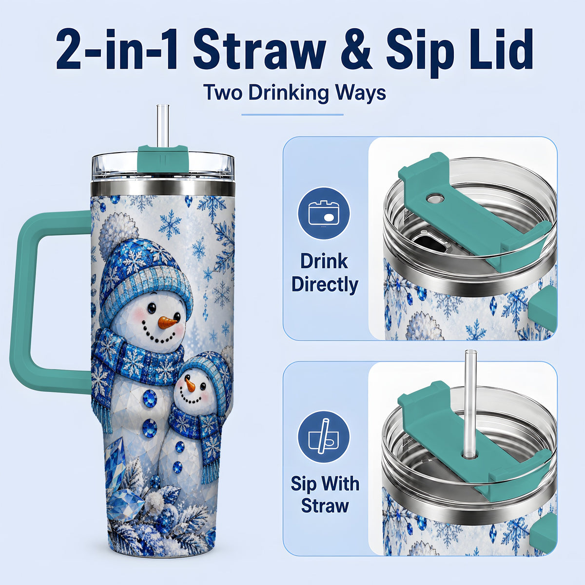 #pl[40oz|Green] Blue Snowman 40oz Tumbler, Crystal Snowflake Winter Scene Artwork