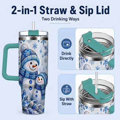 #pl[40oz|Green] Blue Snowman 40oz Tumbler, Crystal Snowflake Winter Scene Artwork