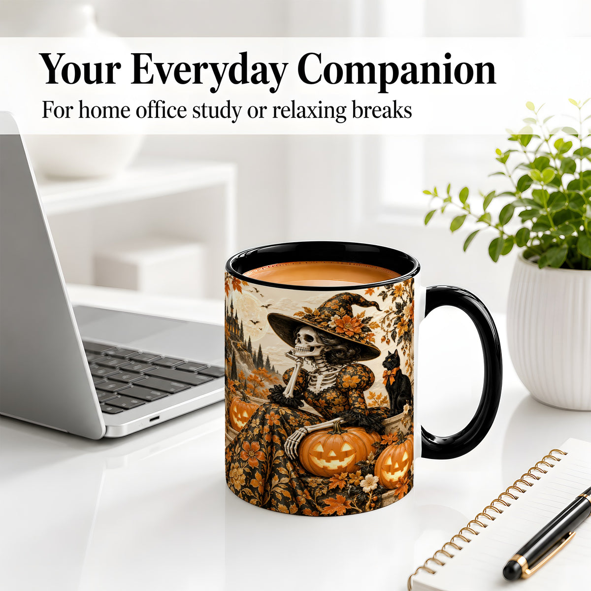 #pl[11oz|Black] Gothic Halloween Ceramic Mug, Skeleton Witch and Black Cat Artwork