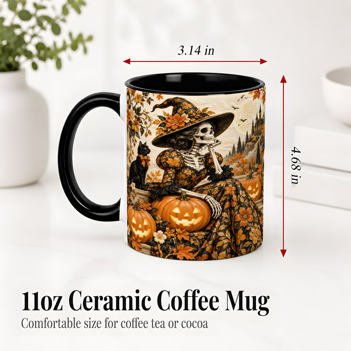 #pl[11oz|Black] Gothic Halloween Ceramic Mug, Skeleton Witch and Black Cat Artwork