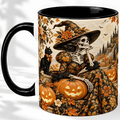 #pl[11oz|Black] Gothic Halloween Ceramic Mug, Skeleton Witch and Black Cat Artwork