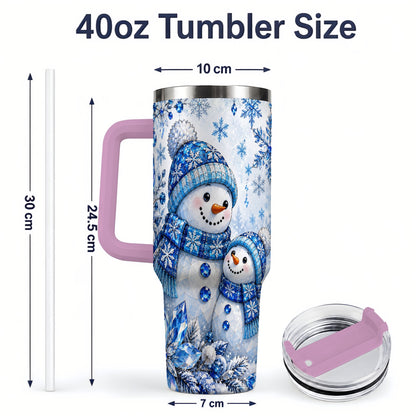 #pl[40oz|Pink] Blue Snowman 40oz Tumbler, Crystal Snowflake Winter Scene Artwork