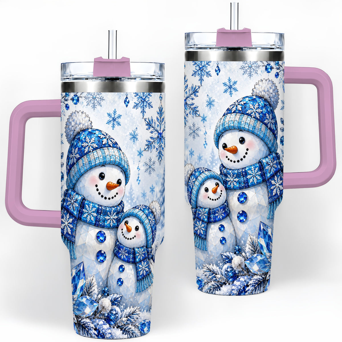 #pl[40oz|Pink] Blue Snowman 40oz Tumbler, Crystal Snowflake Winter Scene Artwork