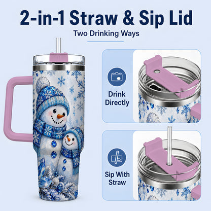 #pl[40oz|Pink] Blue Snowman 40oz Tumbler, Crystal Snowflake Winter Scene Artwork