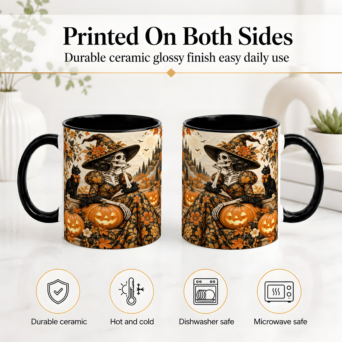 #pl[11oz|Black] Gothic Halloween Ceramic Mug, Skeleton Witch and Black Cat Artwork