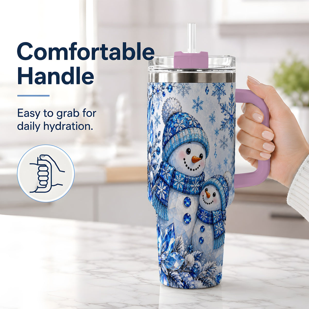 #pl[40oz|Pink] Blue Snowman 40oz Tumbler, Crystal Snowflake Winter Scene Artwork