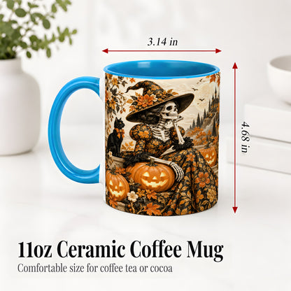#pl[11oz|Blue] Gothic Halloween Ceramic Mug, Skeleton Witch and Black Cat Artwork