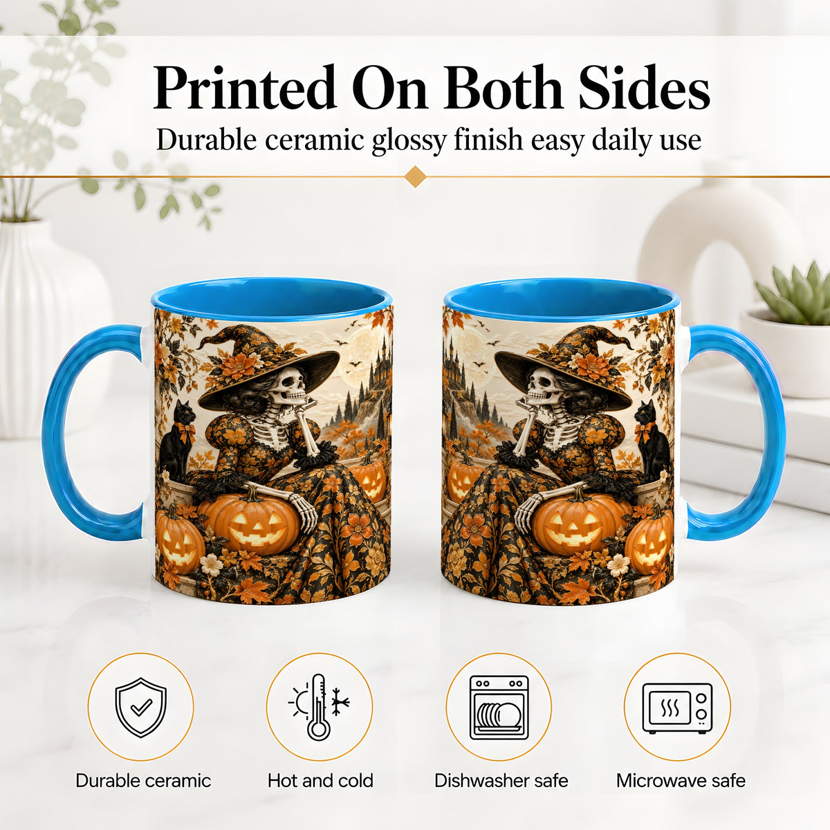 #pl[11oz|Blue] Gothic Halloween Ceramic Mug, Skeleton Witch and Black Cat Artwork