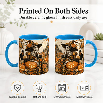 #pl[11oz|Blue] Gothic Halloween Ceramic Mug, Skeleton Witch and Black Cat Artwork