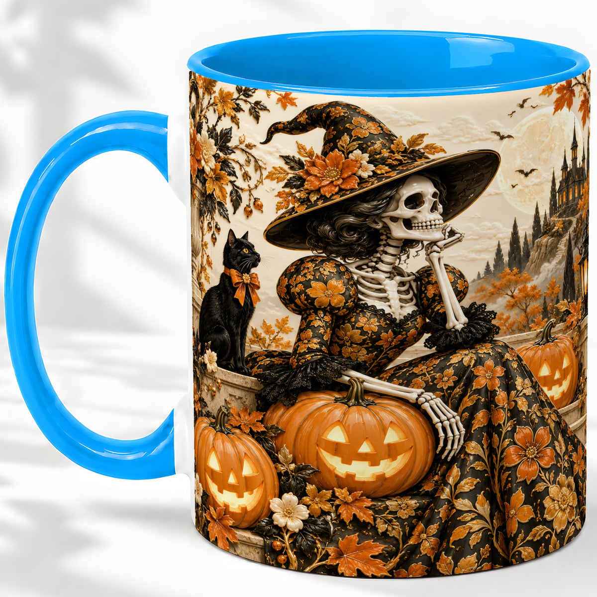 #pl[11oz|Blue] Gothic Halloween Ceramic Mug, Skeleton Witch and Black Cat Artwork