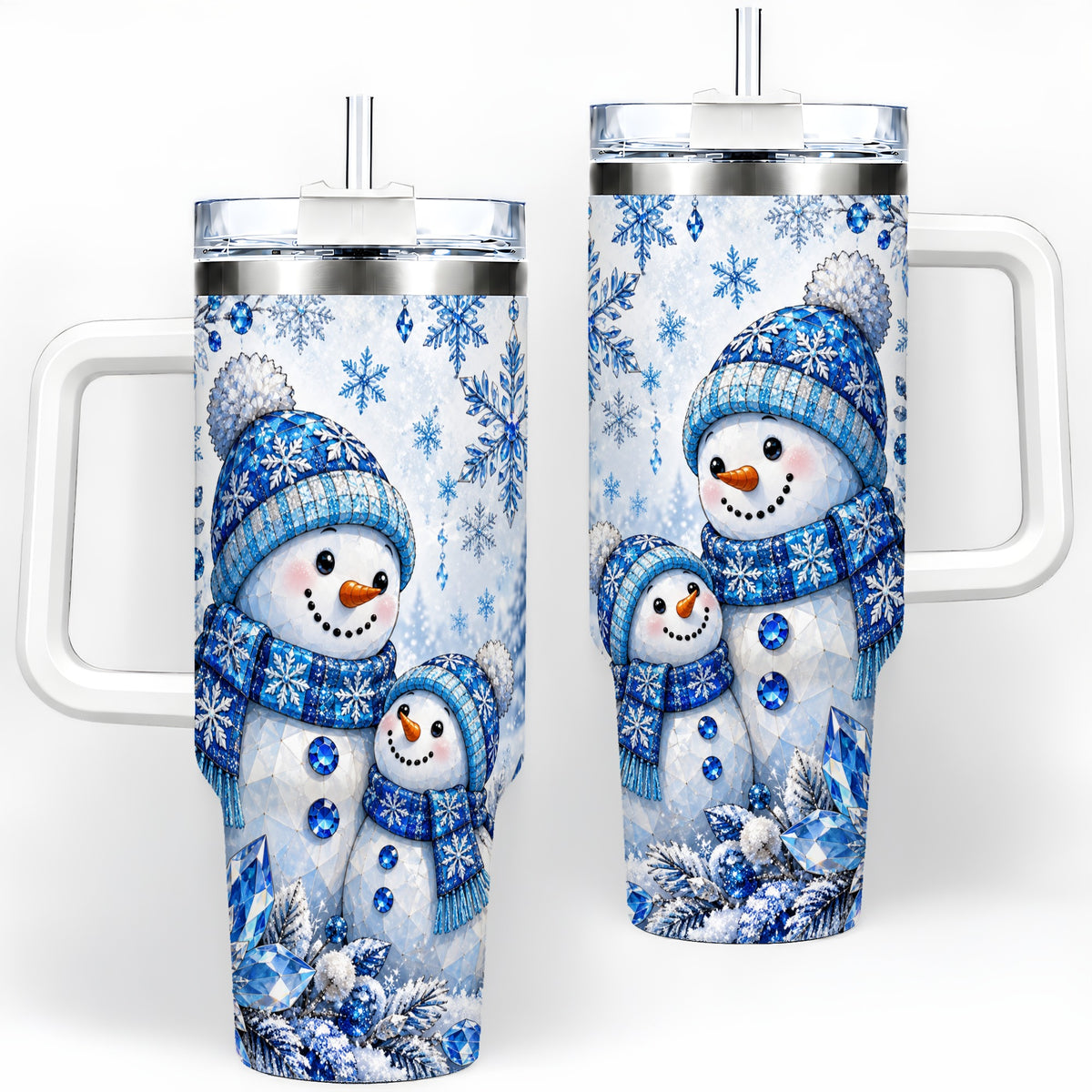 Blue Snowman 40oz Tumbler, Crystal Snowflake Winter Scene Artwork