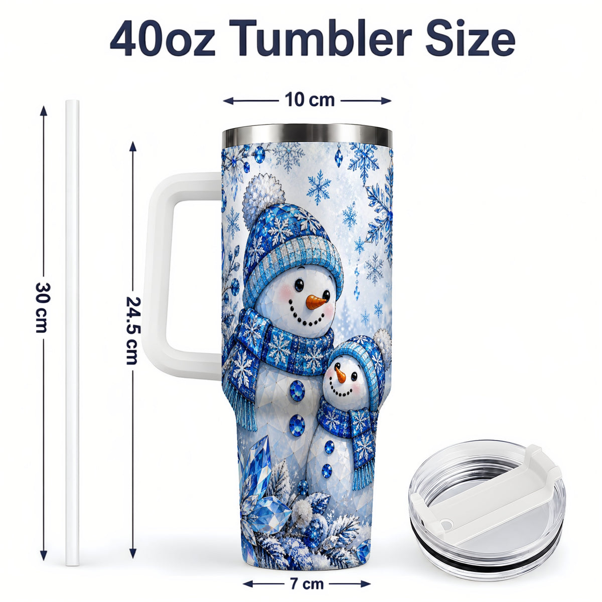 #pl[40oz|White] Blue Snowman 40oz Tumbler, Crystal Snowflake Winter Scene Artwork