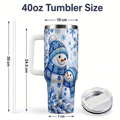 #pl[40oz|White] Blue Snowman 40oz Tumbler, Crystal Snowflake Winter Scene Artwork