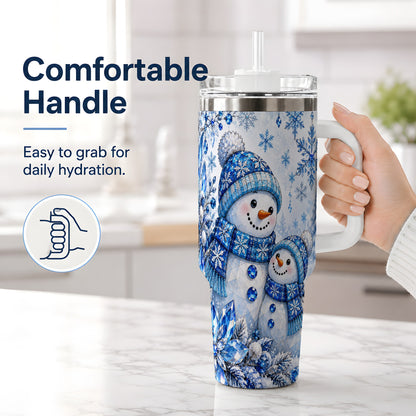 #pl[40oz|White] Blue Snowman 40oz Tumbler, Crystal Snowflake Winter Scene Artwork