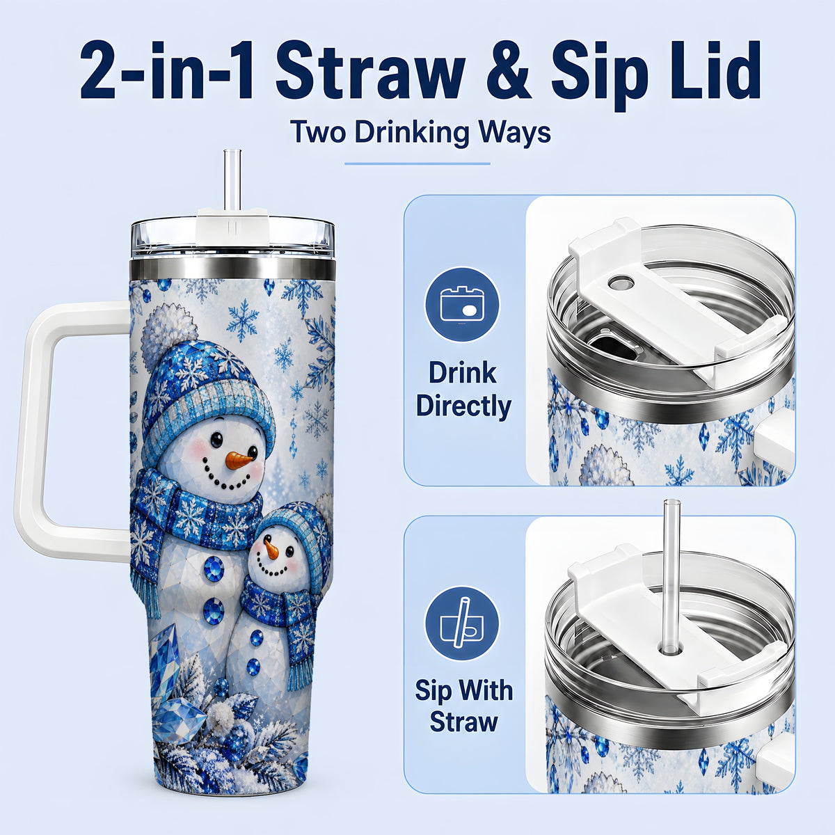#pl[40oz|White] Blue Snowman 40oz Tumbler, Crystal Snowflake Winter Scene Artwork