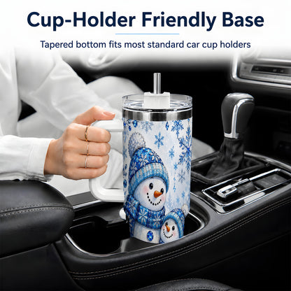 #pl[40oz|White] Blue Snowman 40oz Tumbler, Crystal Snowflake Winter Scene Artwork