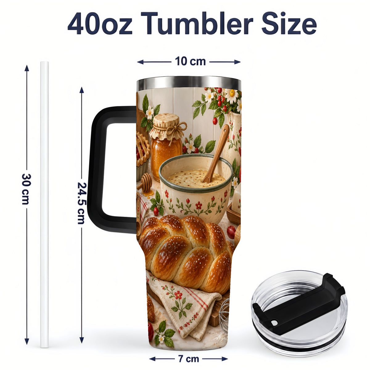 #pl[40oz|Black] Cozy Baking 40oz Tumbler, Bread Floral Country Kitchen Scene Artwork