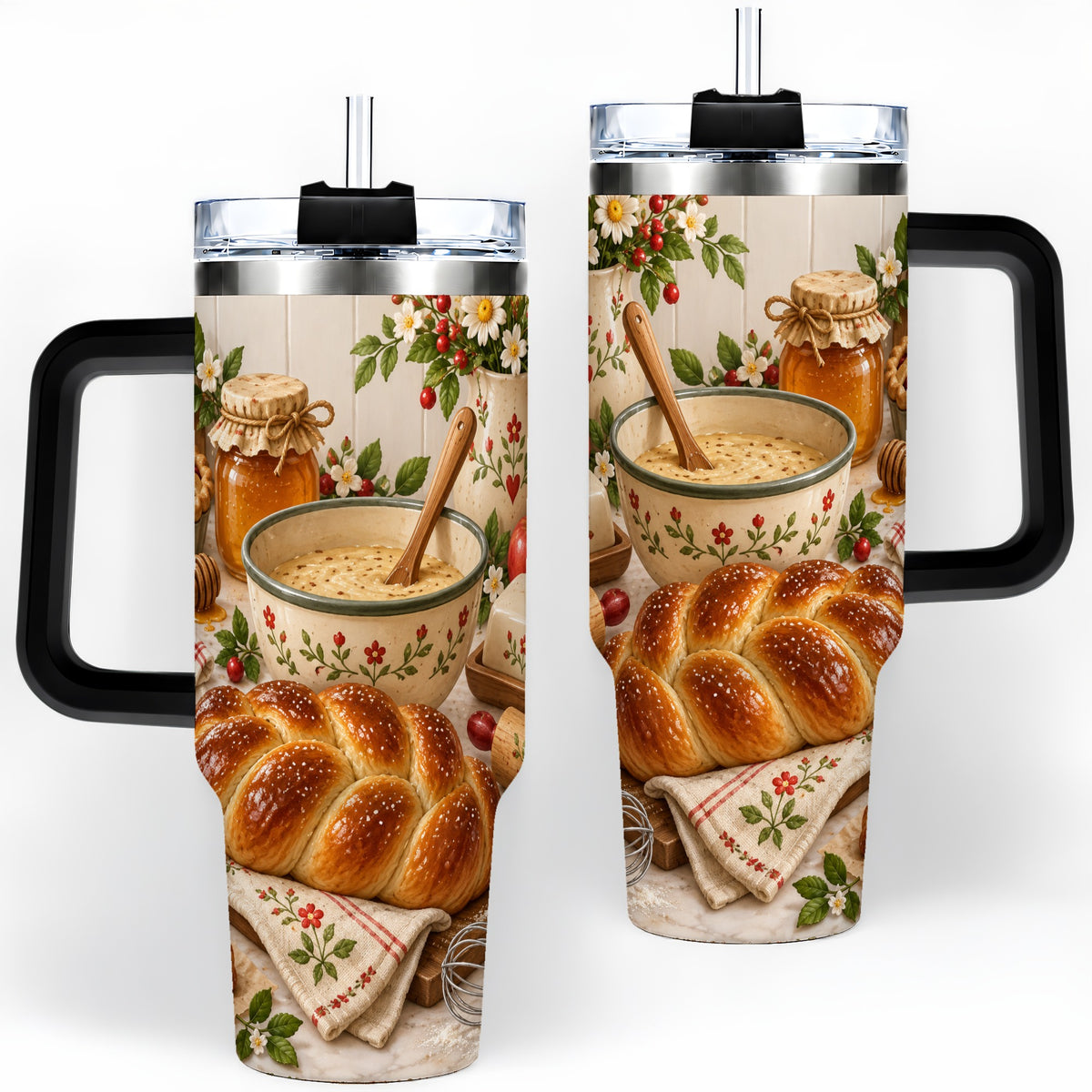 #pl[40oz|Black] Cozy Baking 40oz Tumbler, Bread Floral Country Kitchen Scene Artwork