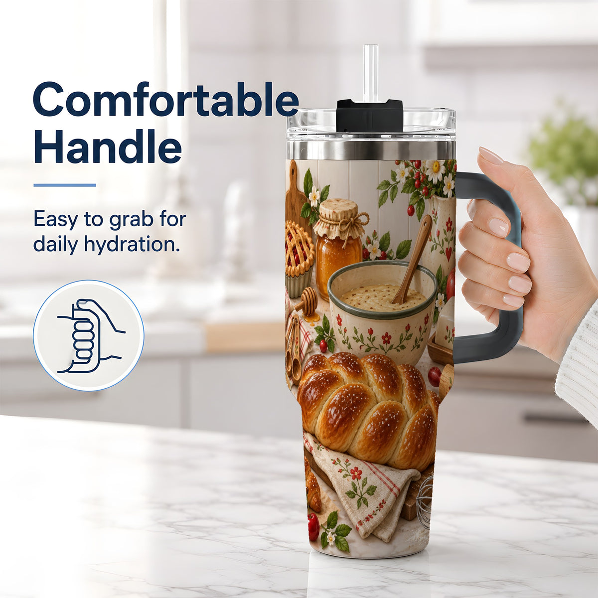 #pl[40oz|Black] Cozy Baking 40oz Tumbler, Bread Floral Country Kitchen Scene Artwork