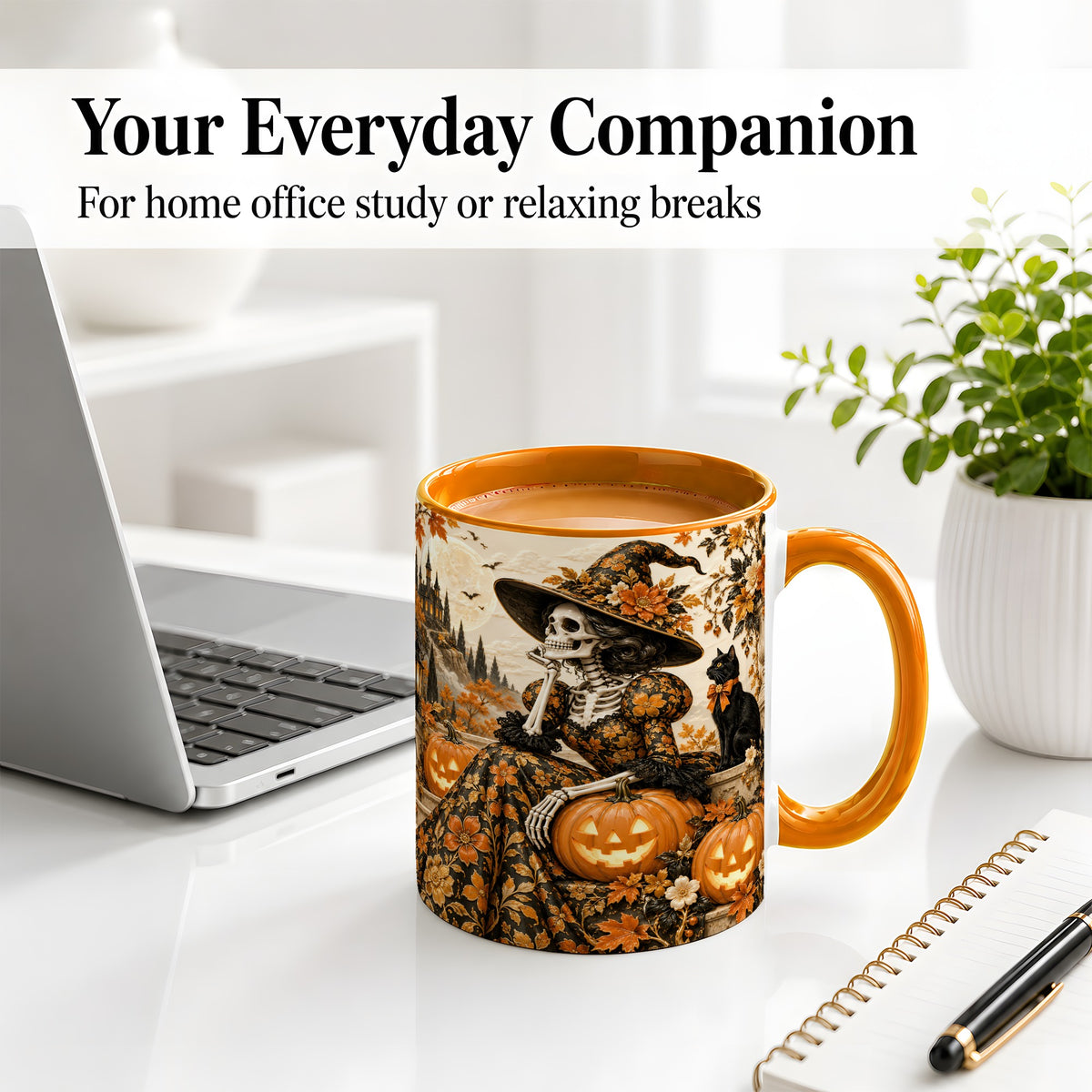 #pl[11oz|Orange] Gothic Halloween Ceramic Mug, Skeleton Witch and Black Cat Artwork