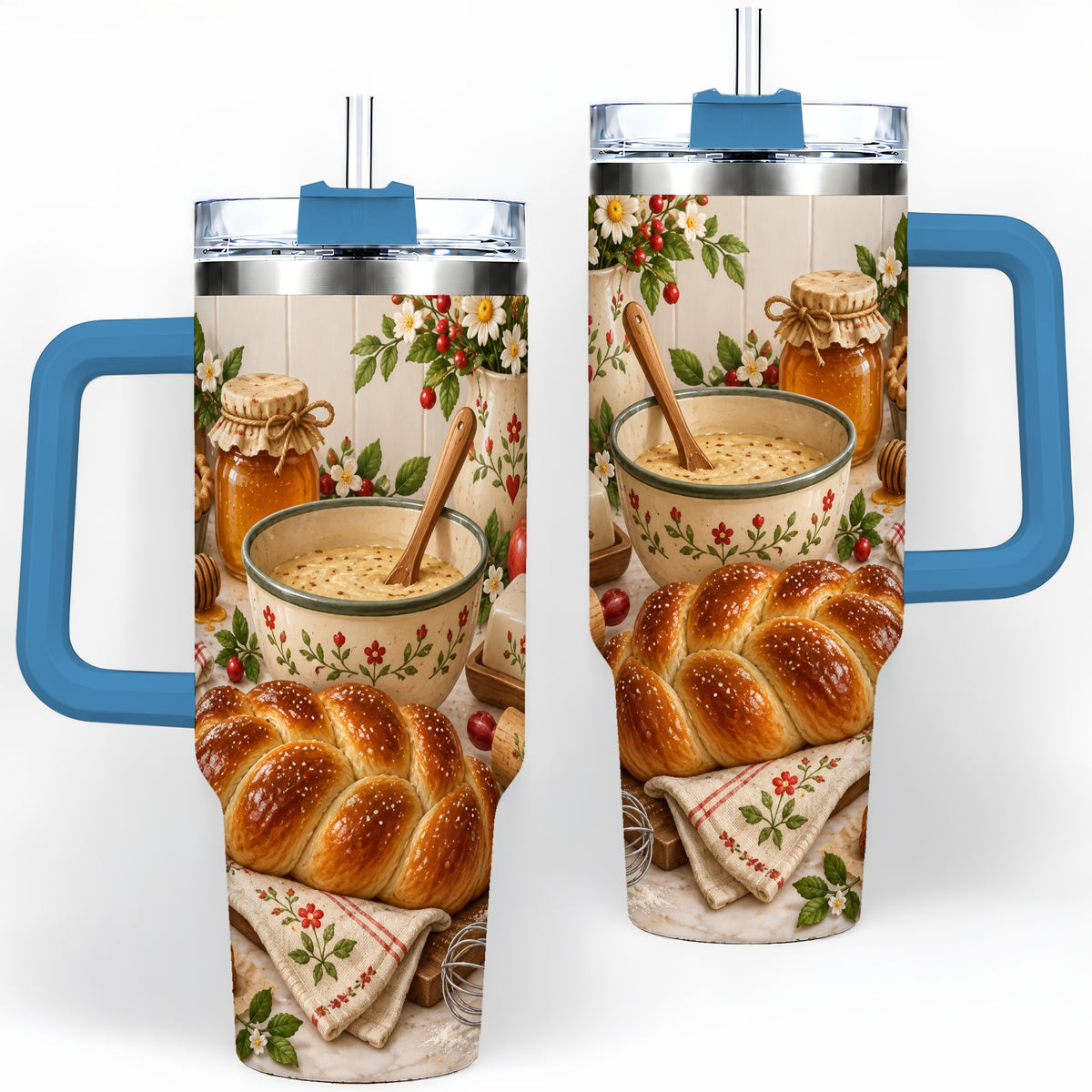 #pl[40oz|Blue] Cozy Baking 40oz Tumbler, Bread Floral Country Kitchen Scene Artwork