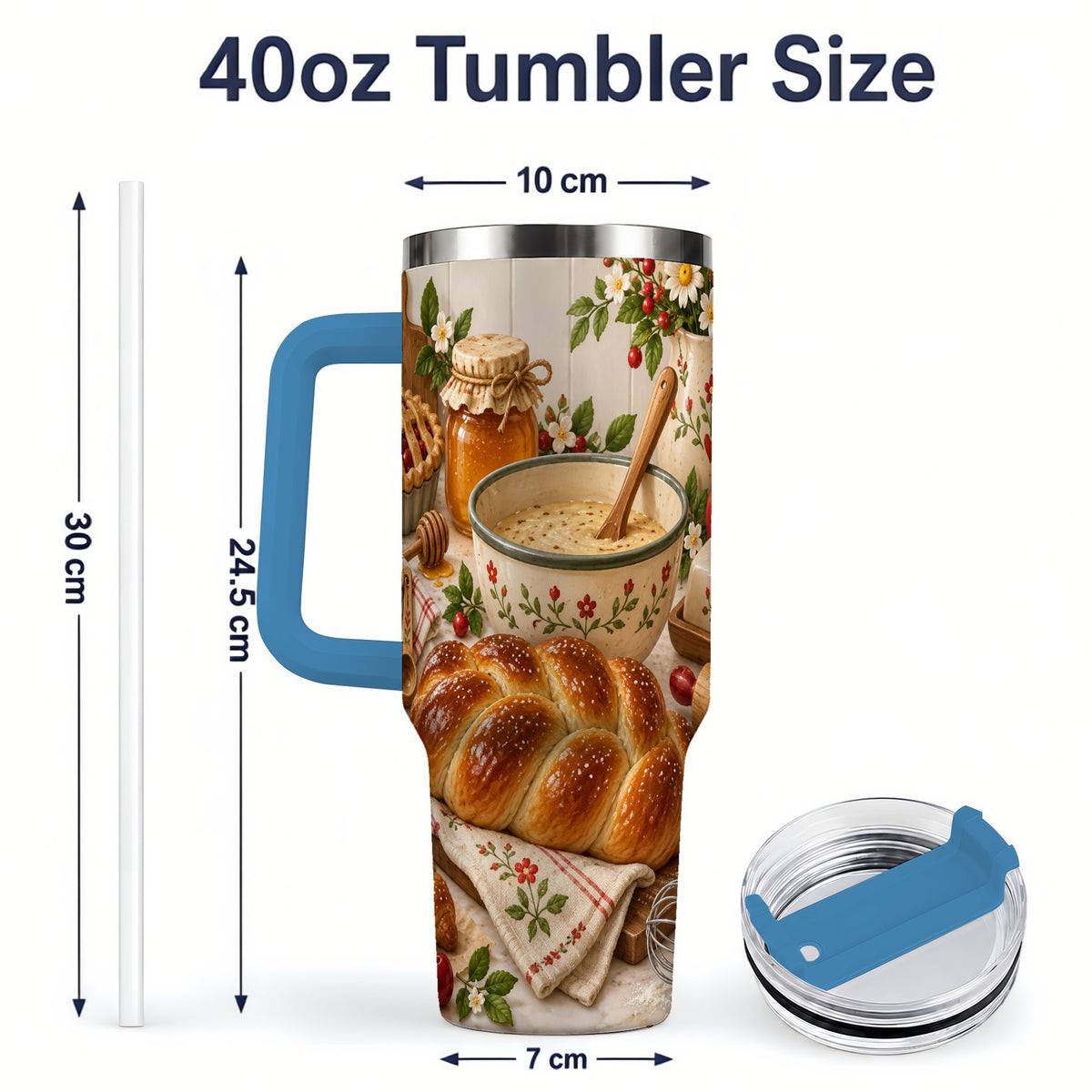 #pl[40oz|Blue] Cozy Baking 40oz Tumbler, Bread Floral Country Kitchen Scene Artwork