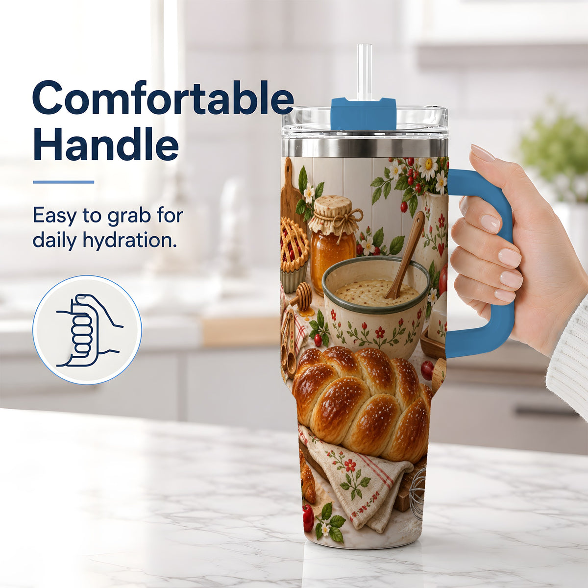 #pl[40oz|Blue] Cozy Baking 40oz Tumbler, Bread Floral Country Kitchen Scene Artwork