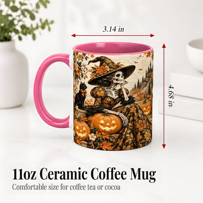 #pl[11oz|Pink] Gothic Halloween Ceramic Mug, Skeleton Witch and Black Cat Artwork