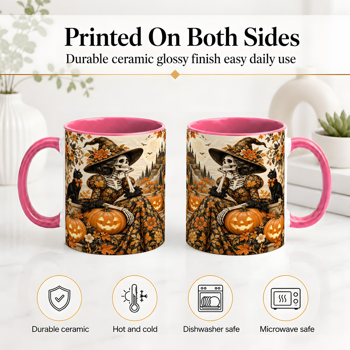 #pl[11oz|Pink] Gothic Halloween Ceramic Mug, Skeleton Witch and Black Cat Artwork