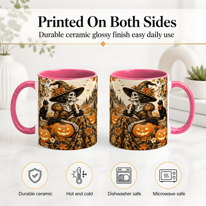 #pl[11oz|Pink] Gothic Halloween Ceramic Mug, Skeleton Witch and Black Cat Artwork