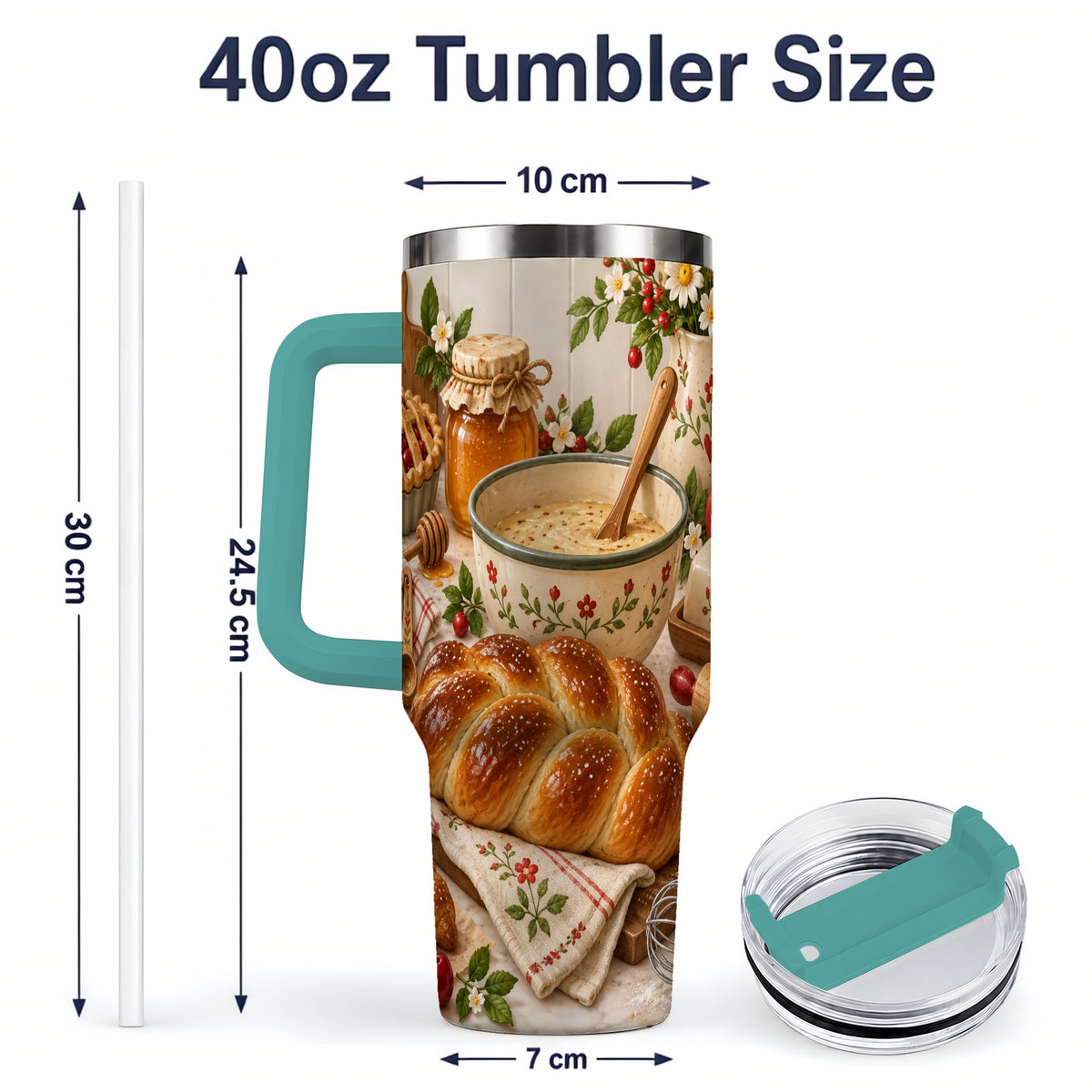 #pl[40oz|Green] Cozy Baking 40oz Tumbler, Bread Floral Country Kitchen Scene Artwork