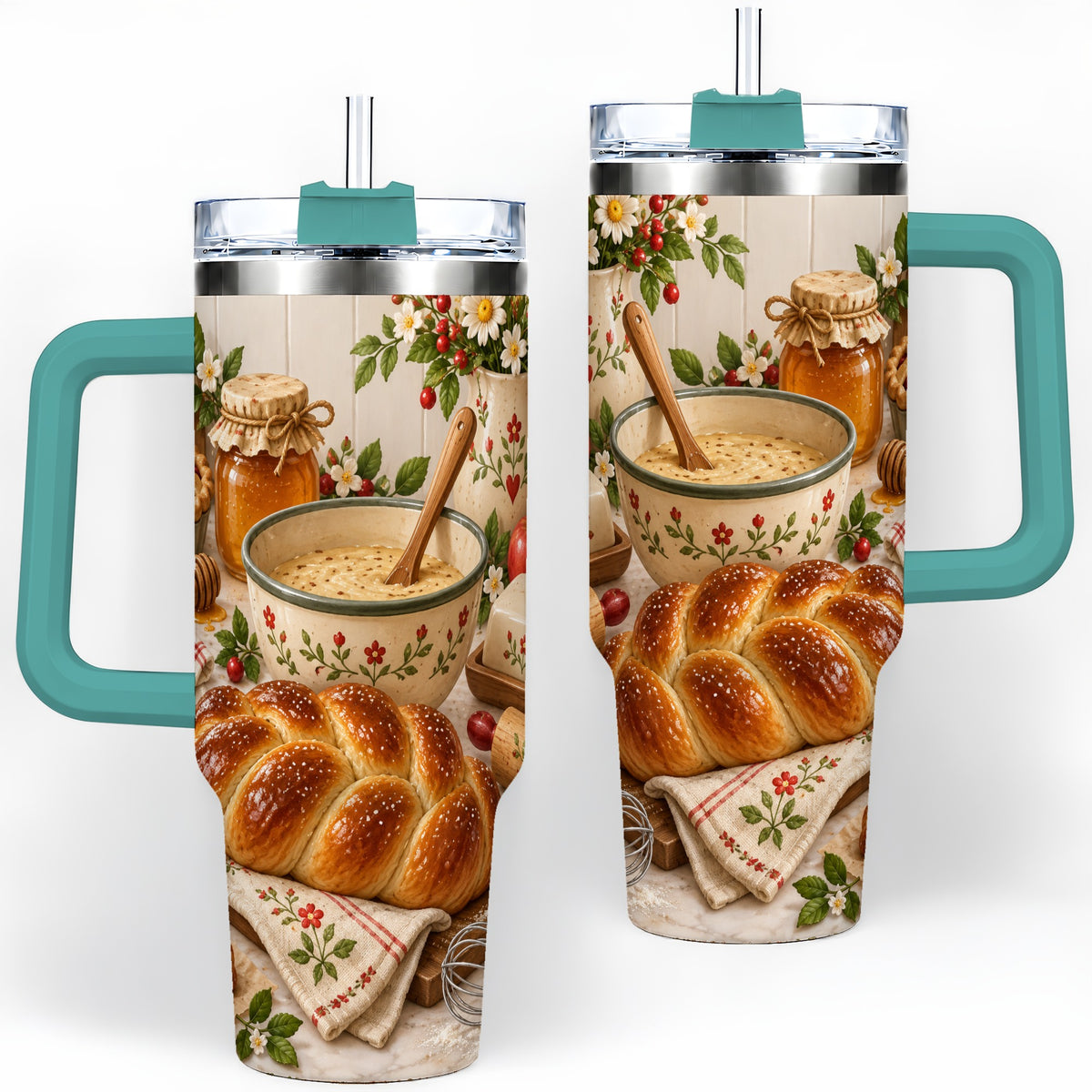 #pl[40oz|Green] Cozy Baking 40oz Tumbler, Bread Floral Country Kitchen Scene Artwork