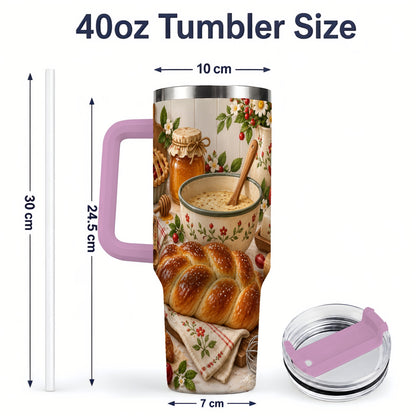 #pl[40oz|Pink] Cozy Baking 40oz Tumbler, Bread Floral Country Kitchen Scene Artwork