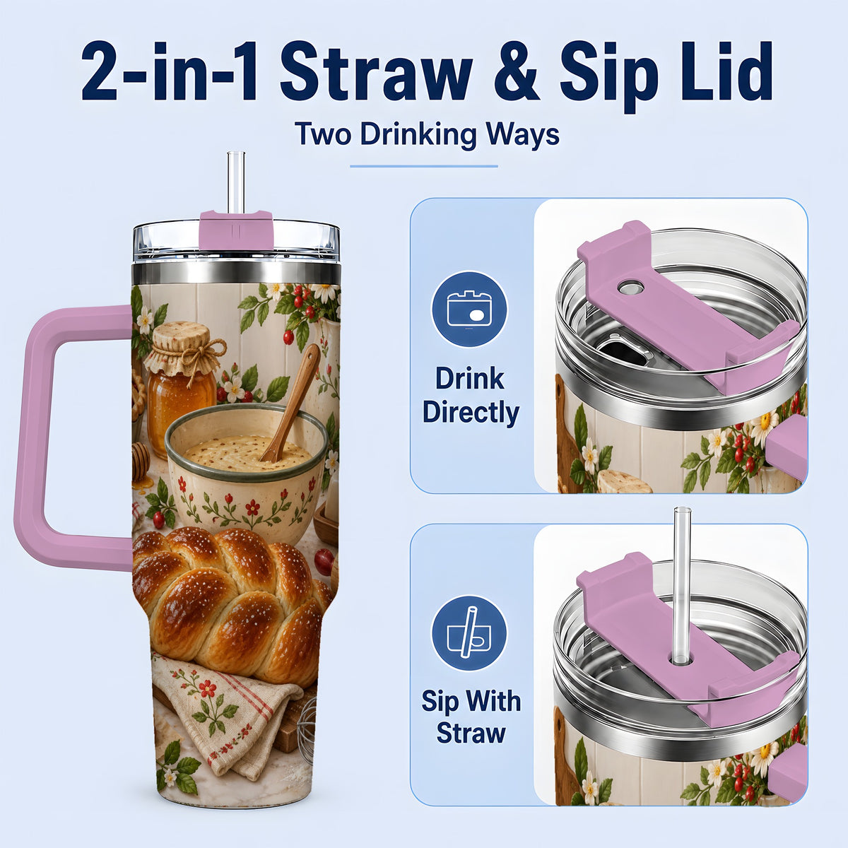 #pl[40oz|Pink] Cozy Baking 40oz Tumbler, Bread Floral Country Kitchen Scene Artwork