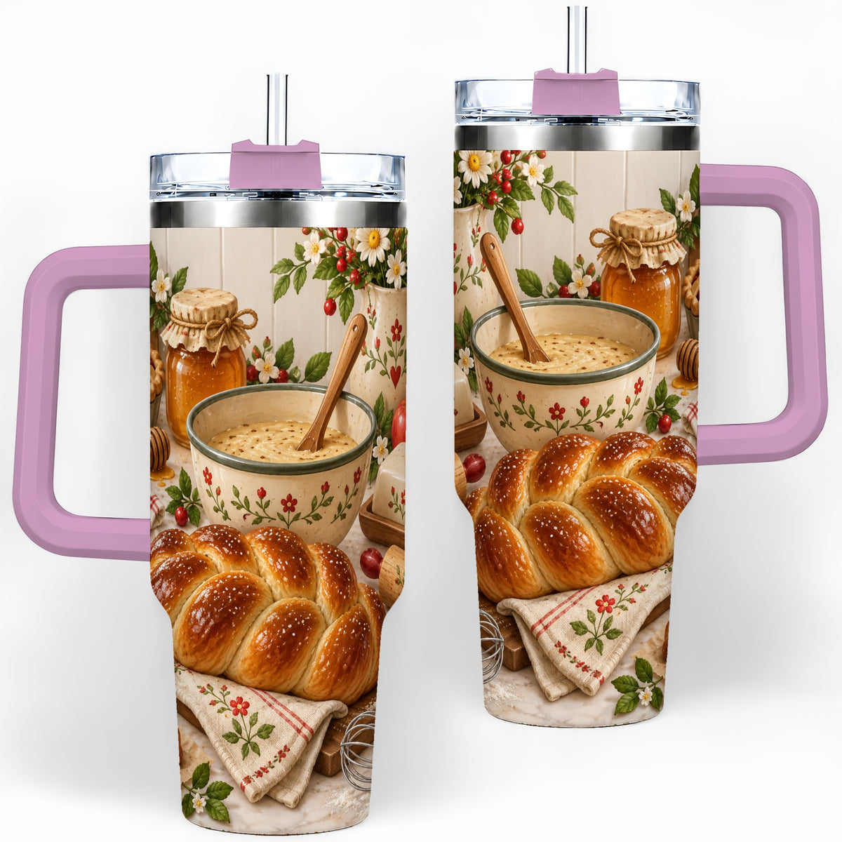 #pl[40oz|Pink] Cozy Baking 40oz Tumbler, Bread Floral Country Kitchen Scene Artwork