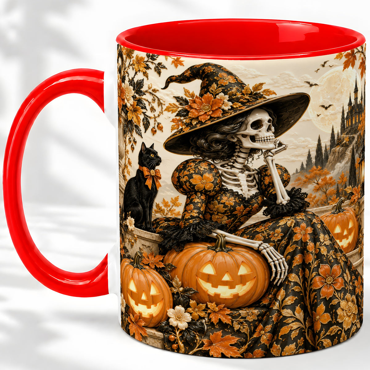 Gothic Halloween Ceramic Mug, Skeleton Witch and Black Cat Artwork