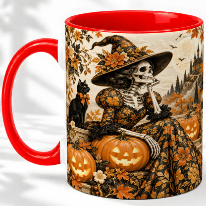 Gothic Halloween Ceramic Mug, Skeleton Witch and Black Cat Artwork