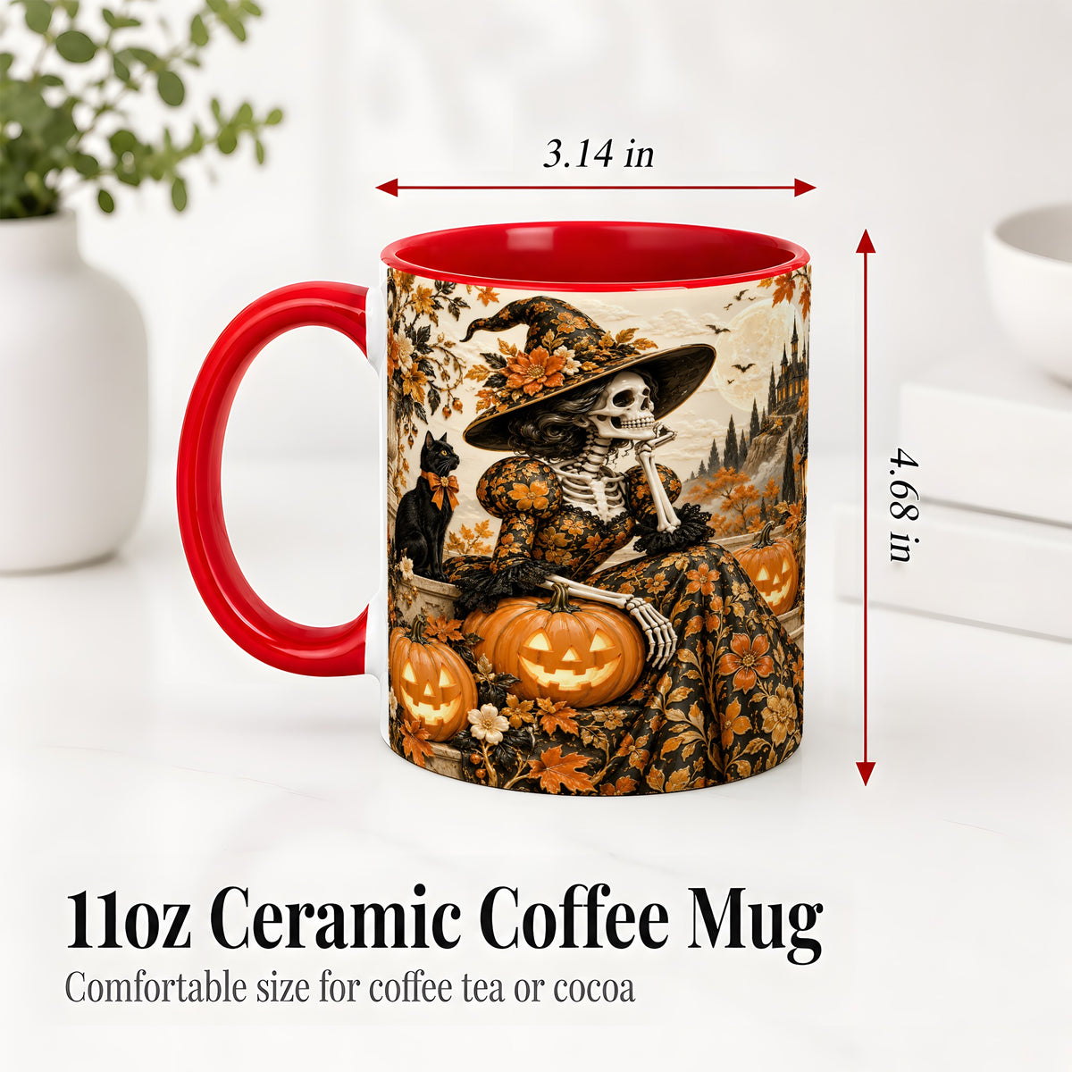 #pl[11oz|Red] Gothic Halloween Ceramic Mug, Skeleton Witch and Black Cat Artwork